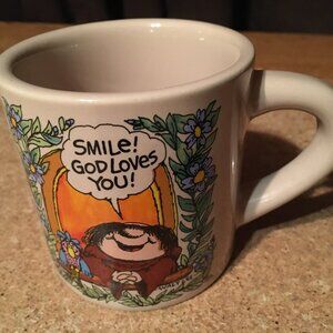 VINTAGE SHERMAN ON THE MOUNT SMILE! GOD LOVES YOU! STONEWARE COFFEE MUG/CUP 1982